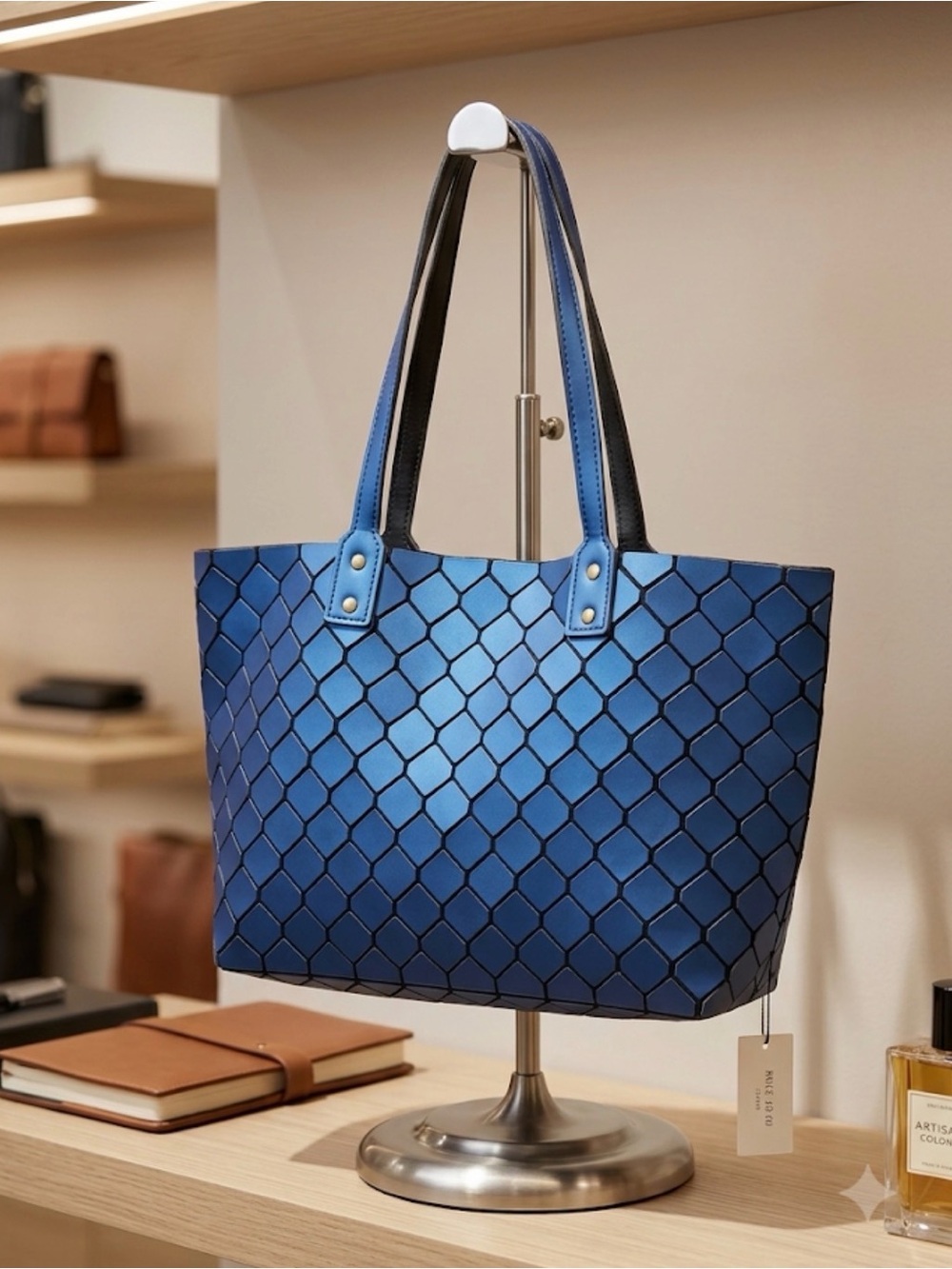 Patrizia Luca Geometric Tote Bag Metallic Blue Origami Tile Shoulder Handbag